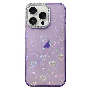 For iPhone 15 Pro Love Pattern Diamond Lens Frame IMD Acrylic Phone Case(Purple)