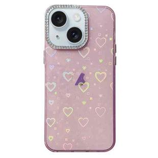 For iPhone 15 Plus Love Pattern Diamond Lens Frame IMD Acrylic Phone Case(Pink)