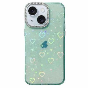 For iPhone 15 Plus Love Pattern Diamond Lens Frame IMD Acrylic Phone Case(Green)