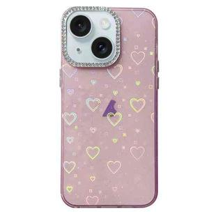 For iPhone 15 Love Pattern Diamond Lens Frame IMD Acrylic Phone Case(Pink)
