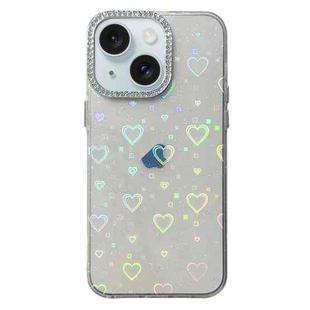 For iPhone 14 Love Pattern Diamond Lens Frame IMD Acrylic Phone Case(White)