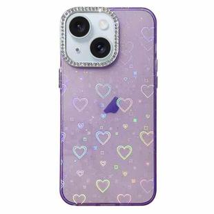 For iPhone 14 Love Pattern Diamond Lens Frame IMD Acrylic Phone Case(Purple)