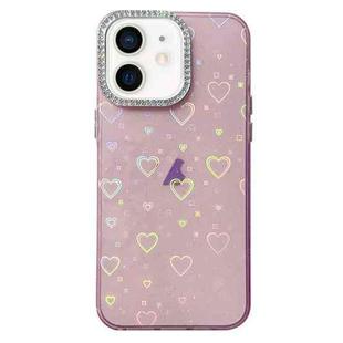 For iPhone 12 Love Pattern Diamond Lens Frame IMD Acrylic Phone Case(Pink)