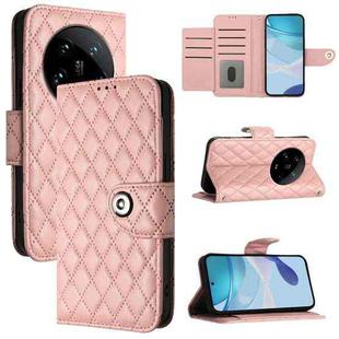 For Xiaomi 14 Ultra Rhombic Texture Flip Leather Phone Case with Lanyard(Coral Pink)