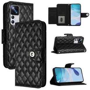 For Xiaomi 12T / 12T Pro Rhombic Texture Flip Leather Phone Case with Lanyard(Black)