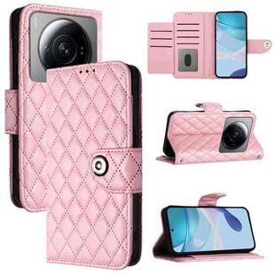 For Xiaomi 12S Ultra Rhombic Texture Flip Leather Phone Case with Lanyard(Pink)