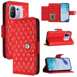 For Xiaomi Mi 11 Pro Rhombic Texture Flip Leather Phone Case with Lanyard(Red)