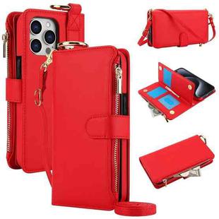 For iPhone 15 Pro Max Crossbody Ring Multifunctional Wallet Leather Phone Case(Red)