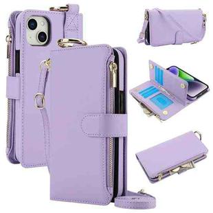 For iPhone 15 Plus Crossbody Ring Multifunctional Wallet Leather Phone Case(Purple)