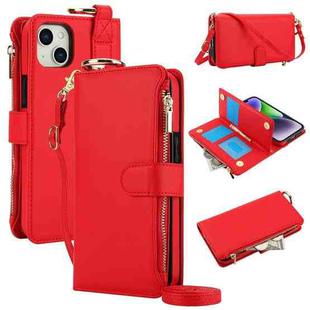 For iPhone 15 Crossbody Ring Multifunctional Wallet Leather Phone Case(Red)