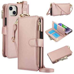 For iPhone 15 Crossbody Ring Multifunctional Wallet Leather Phone Case(Rose Gold)