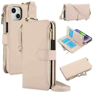 For iPhone 14 Plus Crossbody Ring Multifunctional Wallet Leather Phone Case(White)