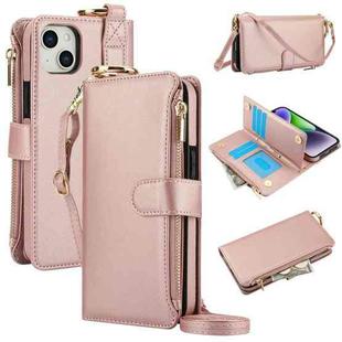 For iPhone 13 mini Crossbody Ring Multifunctional Wallet Leather Phone Case(Rose Gold)