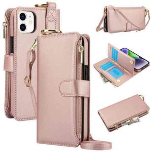 For iPhone 11 Crossbody Ring Multifunctional Wallet Leather Phone Case(Rose Gold)