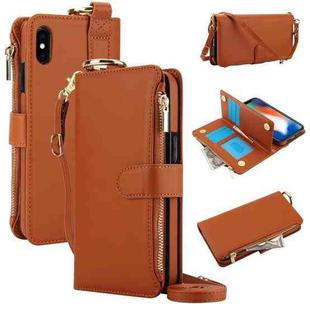 For iPhone X / XS Crossbody Ring Multifunctional Wallet Leather Phone Case(Brown)