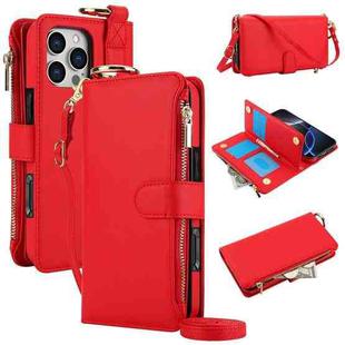 For iPhone 16 Pro Max Crossbody Ring Multifunctional Wallet Leather Phone Case(Red)