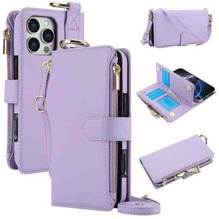 For iPhone 16 Pro Max Crossbody Ring Multifunctional Wallet Leather Phone Case(Purple)