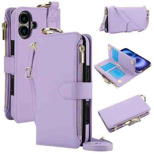 For iPhone 16 Plus Crossbody Ring Multifunctional Wallet Leather Phone Case(Purple)