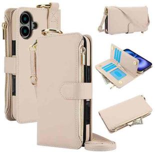 For iPhone 16 Crossbody Ring Multifunctional Wallet Leather Phone Case(White)