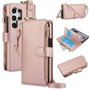 For Samsung Galaxy S24 Ultra 5G Crossbody Ring Multifunctional Wallet Leather Phone Case(Rose Gold)