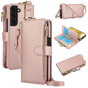 For Samsung Galaxy S22 5G Crossbody Ring Multifunctional Wallet Leather Phone Case(Rose Gold)