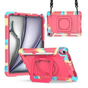 For iPad Air 11 2024 Handle Grip Holder Silicone Hybrid PC Tablet Case with Strap(Camouflage Rose Red)