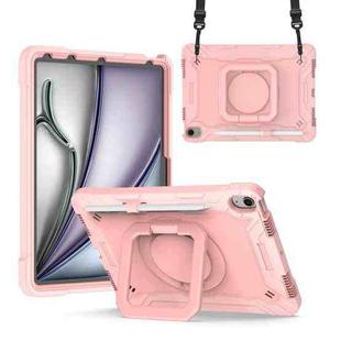 For iPad Air 11 2024 Handle Grip Holder Silicone Hybrid PC Tablet Case with Strap(Rose Gold)