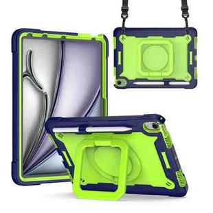 For iPad Air 11 2024 Handle Grip Holder Silicone Hybrid PC Tablet Case with Strap(Navy Yellow Green)