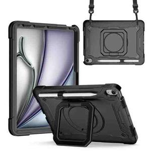 For iPad Air 11 2024 Handle Grip Holder Silicone Hybrid PC Tablet Case with Strap(Black)