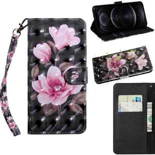 For iPhone 12 / 12 Pro 3D Painting Pattern Coloured Drawing Horizontal Flip PU Leather Case with Holder & Card Slots & Wallet & Lanyard(Pink Flower)