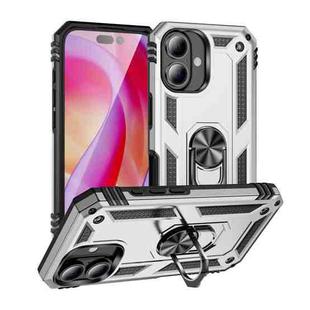 For iPhone 16 Plus Shockproof TPU Hybrid PC Phone Case with Holder(Silver)