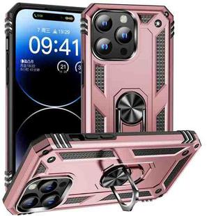 For iPhone 16 Pro Shockproof TPU Hybrid PC Phone Case with Holder(Rose Gold)