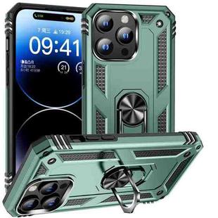 For iPhone 16 Pro Shockproof TPU Hybrid PC Phone Case with Holder(Dark Green)