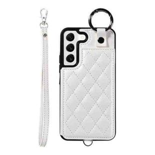 For Samsung Galaxy S22 5G Rhombic Texture Card Bag Phone Case with Short Lanyard(White)