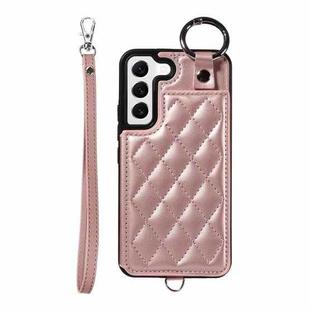 For Samsung Galaxy S22 5G Rhombic Texture Card Bag Phone Case with Short Lanyard(Rose Gold)