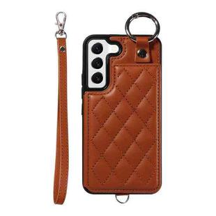 For Samsung Galaxy S22 5G Rhombic Texture Card Bag Phone Case with Short Lanyard(Brown)