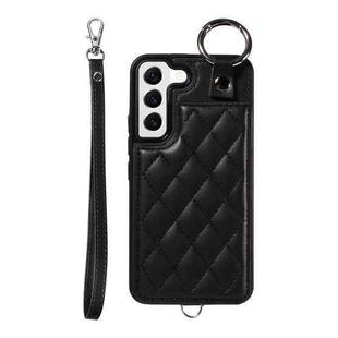 For Samsung Galaxy S22 5G Rhombic Texture Card Bag Phone Case with Short Lanyard(Black)