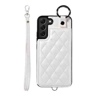 For Samsung Galaxy S22+ 5G Rhombic Texture Card Bag Phone Case with Short Lanyard(White)