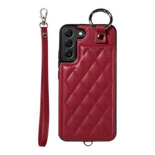 For Samsung Galaxy S22+ 5G Rhombic Texture Card Bag Phone Case with Short Lanyard(Wine Red)