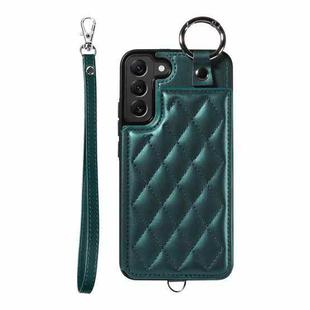 For Samsung Galaxy S22+ 5G Rhombic Texture Card Bag Phone Case with Short Lanyard(Green)