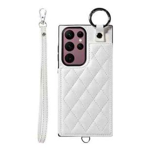 For Samsung Galaxy S22 Ultra 5G Rhombic Texture Card Bag Phone Case with Short Lanyard(White)