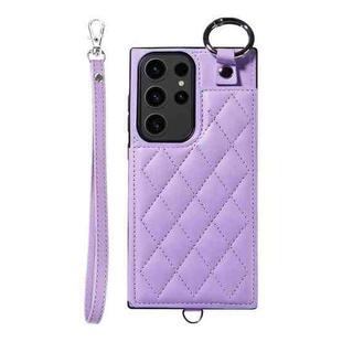 Samsung Galaxy S23 Ultra 5G Rhombic Texture Card Bag Phone Case with Short Lanyard(Purple)