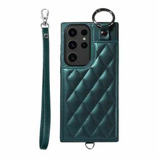 Samsung Galaxy S23 Ultra 5G Rhombic Texture Card Bag Phone Case with Short Lanyard(Green)