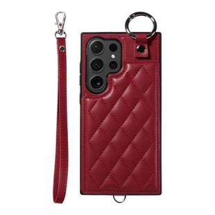 For Samsung Galaxy S24 Ultra 5G Rhombic Texture Card Bag Phone Case with Short Lanyard(Wine Red)