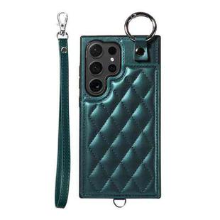 For Samsung Galaxy S24 Ultra 5G Rhombic Texture Card Bag Phone Case with Short Lanyard(Green)