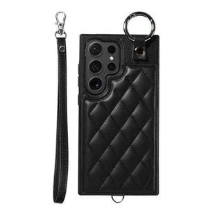 For Samsung Galaxy S24 Ultra 5G Rhombic Texture Card Bag Phone Case with Short Lanyard(Black)