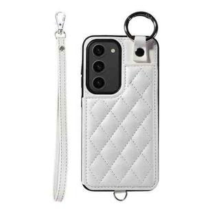 For Samsung Galaxy S23 5G Rhombic Texture Card Bag Phone Case with Short Lanyard(White)