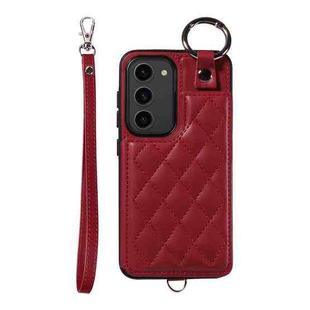 For Samsung Galaxy S23 5G Rhombic Texture Card Bag Phone Case with Short Lanyard(Wine Red)