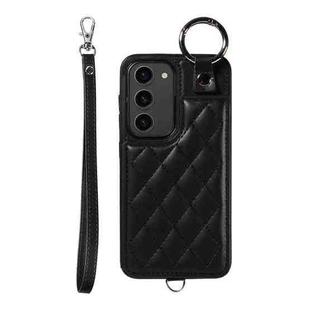 For Samsung Galaxy S23 5G Rhombic Texture Card Bag Phone Case with Short Lanyard(Black)