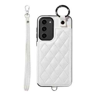 For Samsung Galaxy S23+ 5G Rhombic Texture Card Bag Phone Case with Short Lanyard(White)